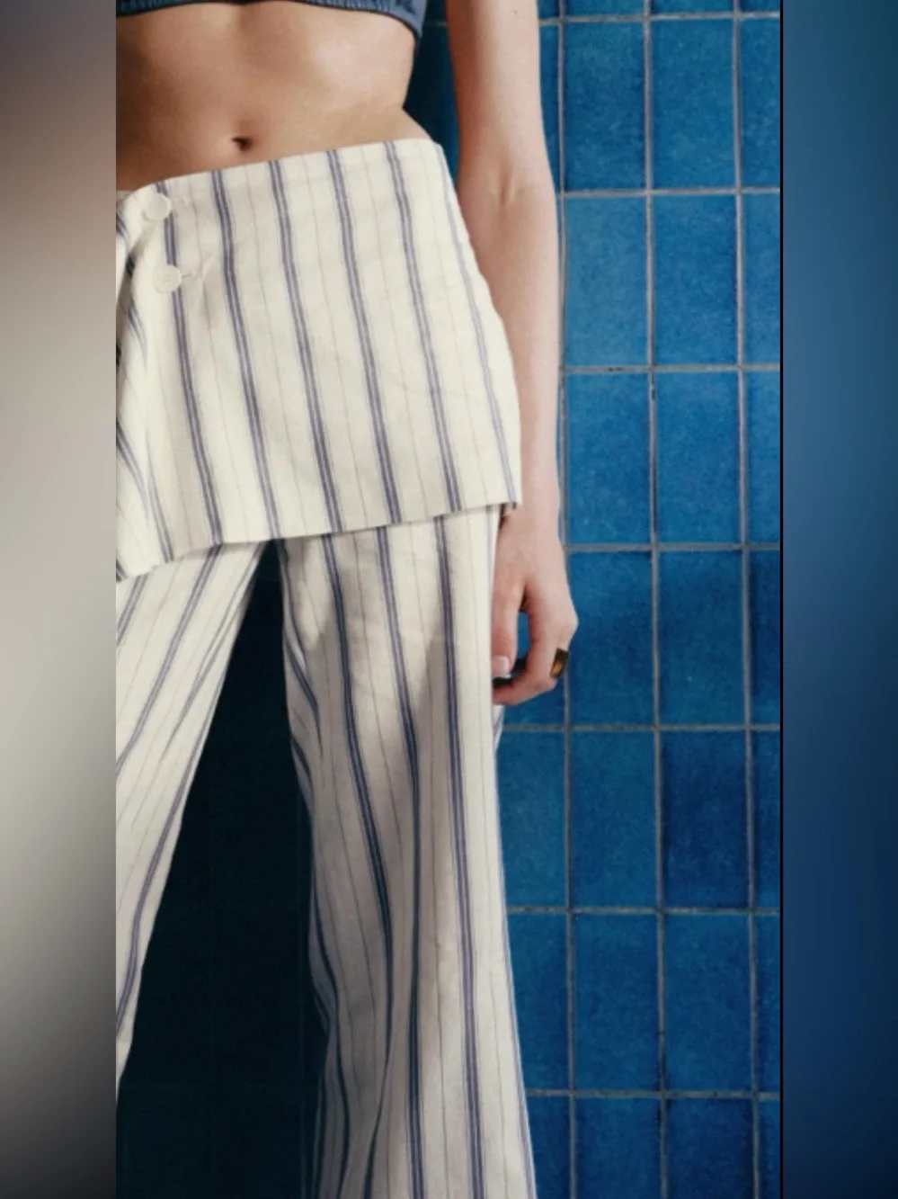ZARA Cream with Blue Striped Pareo Straight Leg Pants - Size XL - NEW